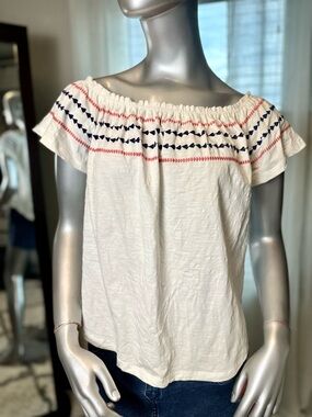 THML Off Shoulder Embroidered Cream Blouse Medium Boho Relaxed Cotton Blend